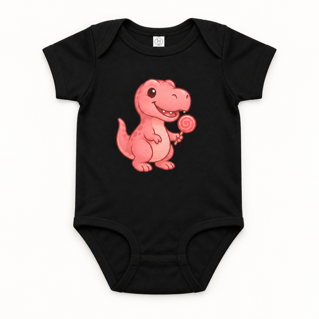 Rosa T-Rex Baby-Jersey-Body – Produktaufnahme mit sichtbarem Motiv