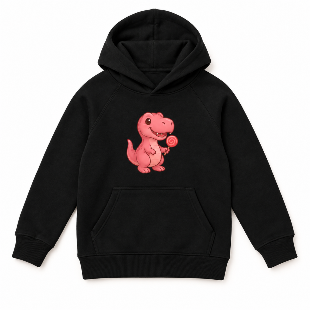 Rosa T-Rex Öko-Kapuzenpullover für Kinder – Produktaufnahme mit sichtbarem Motiv