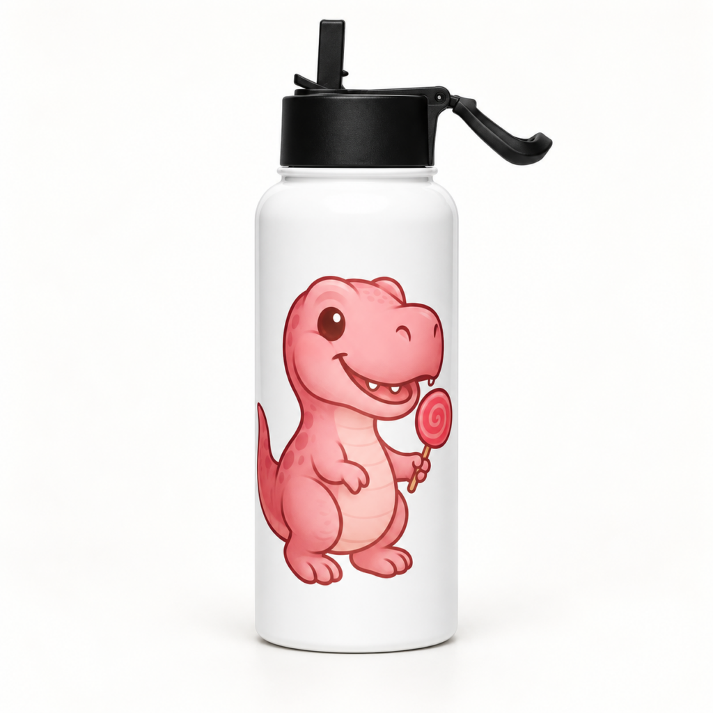 Rosa T-Rex Edelstahl Trinkflasche mit Strohhalm – Produktaufnahme mit sichtbarem Motiv
