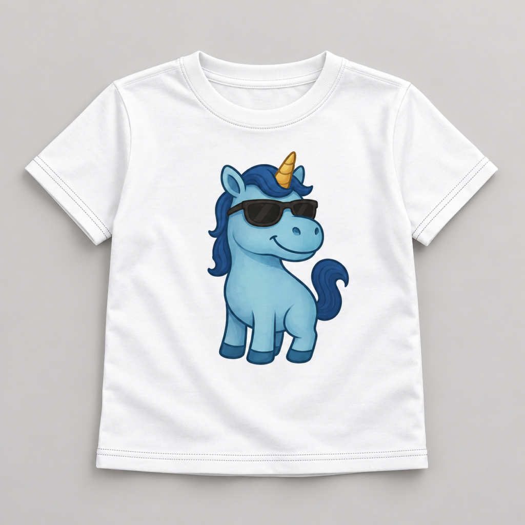 Blaues Einhorn T-Shirt mit Rundhalsausschnitt für Kinder – Produktaufnahme mit sichtbarem Motiv