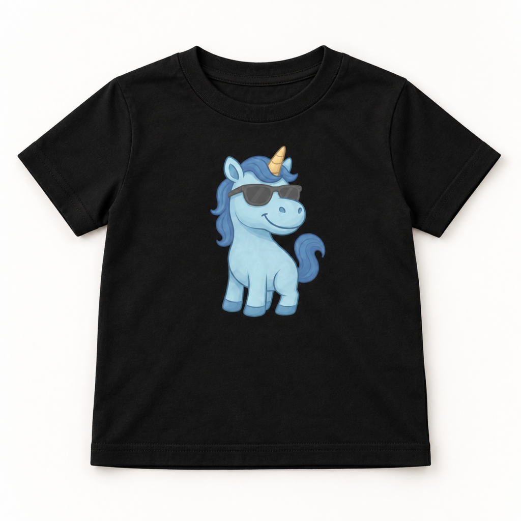 Blaues Einhorn Jersey-T-Shirt für Kleinkinder – Produktaufnahme mit sichtbarem Motiv