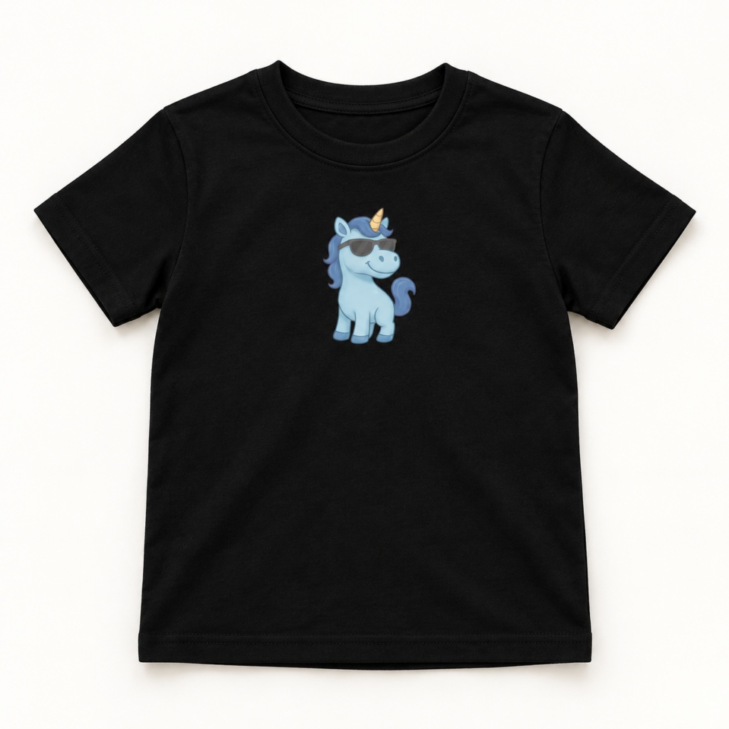 Blaues Einhorn Bio-Baumwoll-T-Shirt für Kinder – Produktaufnahme mit sichtbarem Motiv