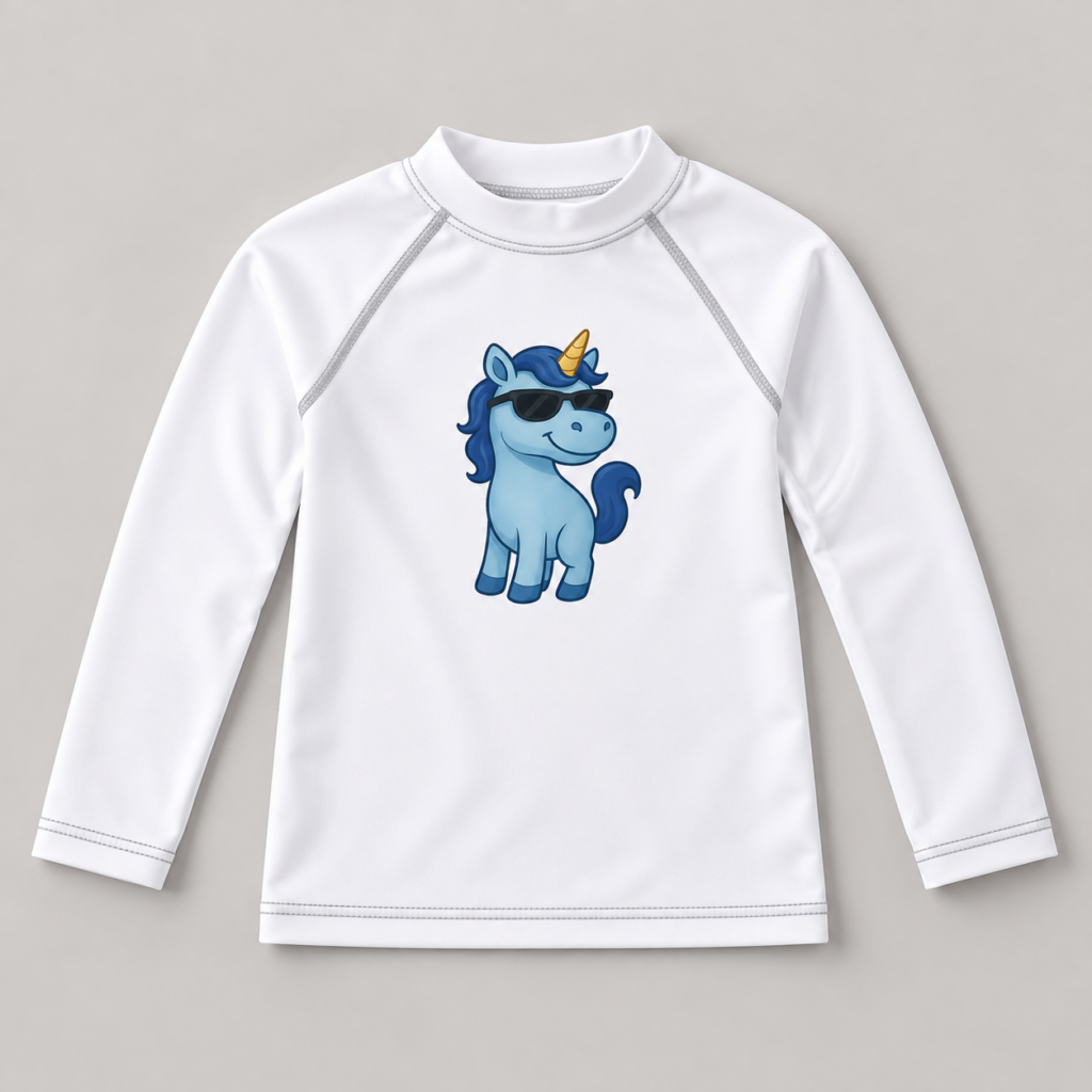 Blaues Einhorn Kinder-Rash-Guard – Produktaufnahme mit sichtbarem Motiv