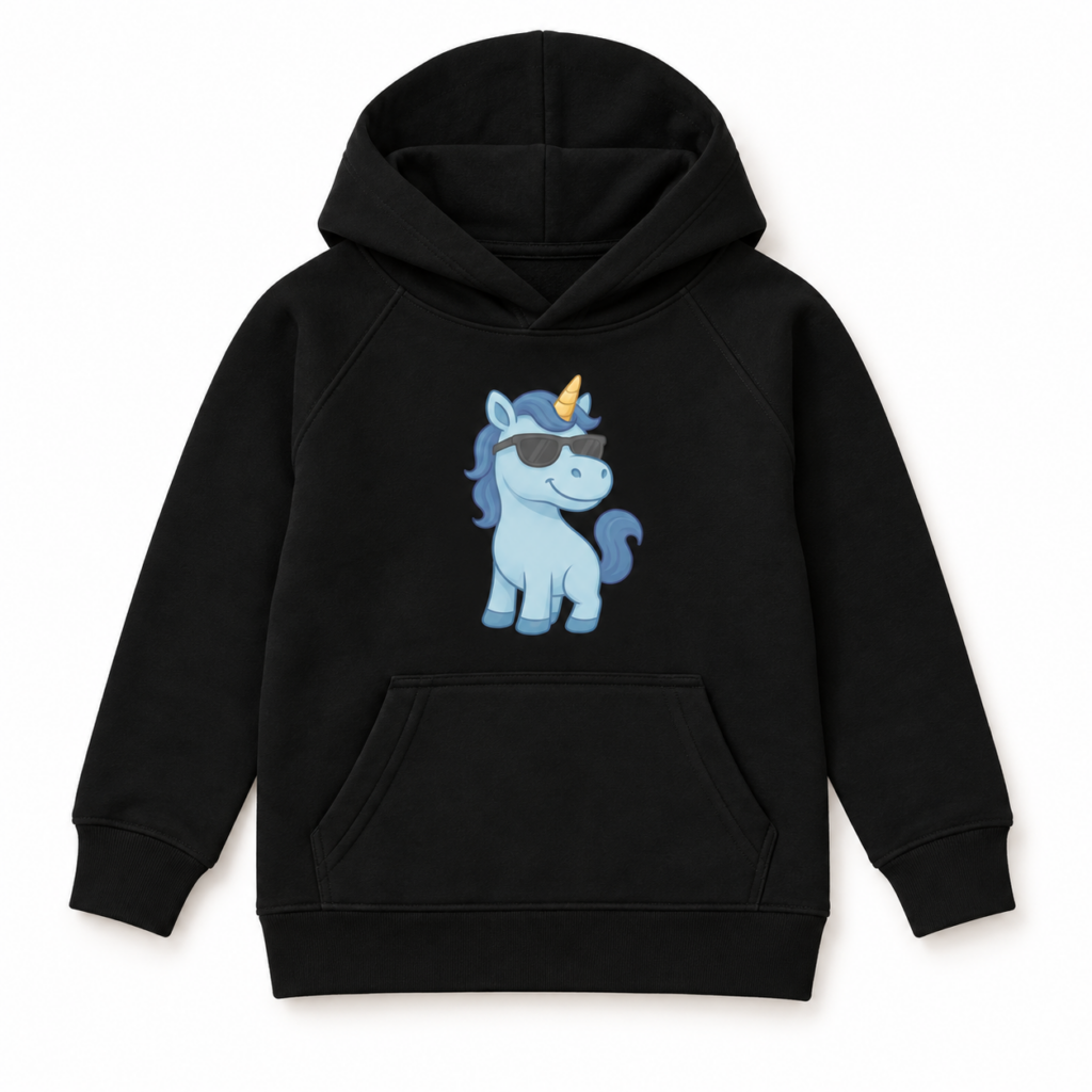 Blaues Einhorn Öko-Kapuzenpullover für Kinder – Produktaufnahme mit sichtbarem Motiv