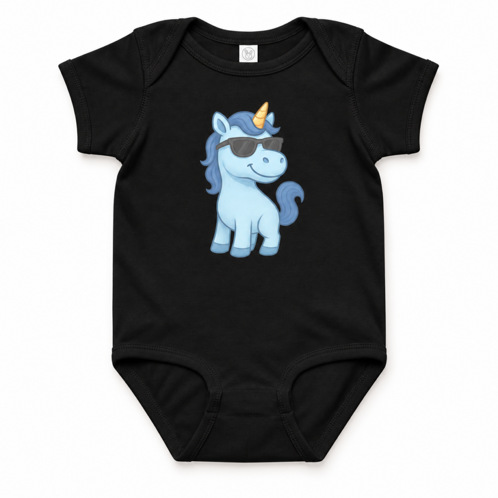 Blaues Einhorn Baby-Jersey-Body – Produktaufnahme mit sichtbarem Motiv