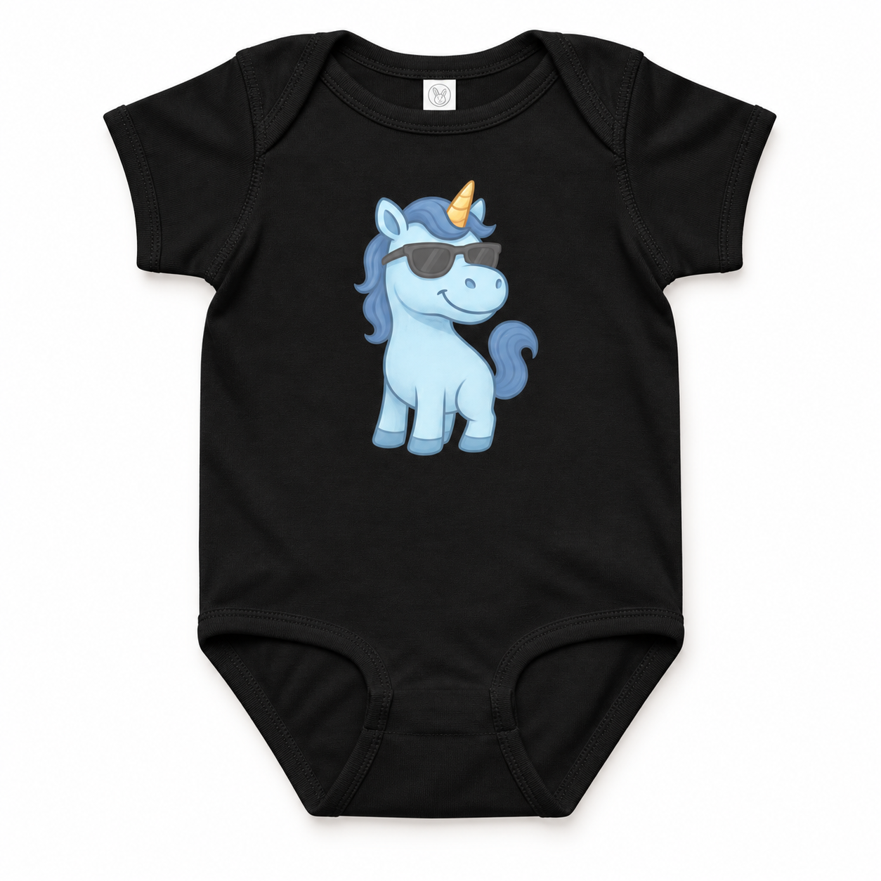 Blaues Einhorn Baby-Jersey-Body 1 Blaues Einhorn Baby-Jersey-Body – Produktaufnahme mit sichtbarem Motiv