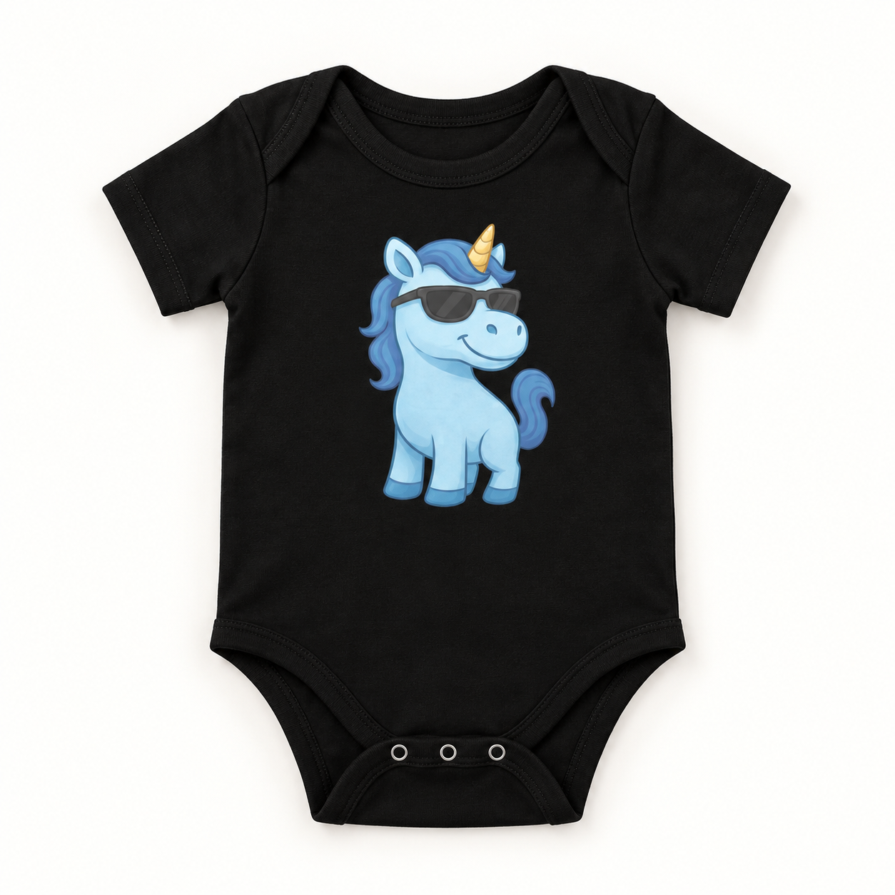 Blaues Einhorn Babystrampler aus Bio-Baumwolle 1 Blaues Einhorn Babystrampler aus Bio-Baumwolle – Produktaufnahme mit sichtbarem Motiv