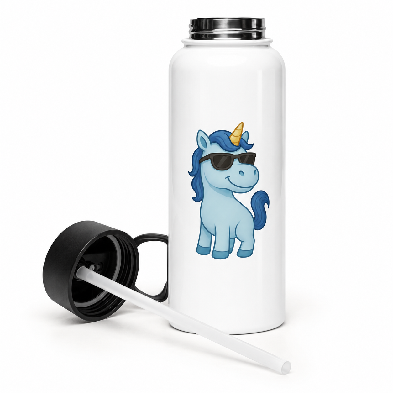 Blaues Einhorn Edelstahl Trinkflasche mit Strohhalm 1 Blaues Einhorn Edelstahl Trinkflasche mit Strohhalm – Produktaufnahme mit sichtbarem Motiv