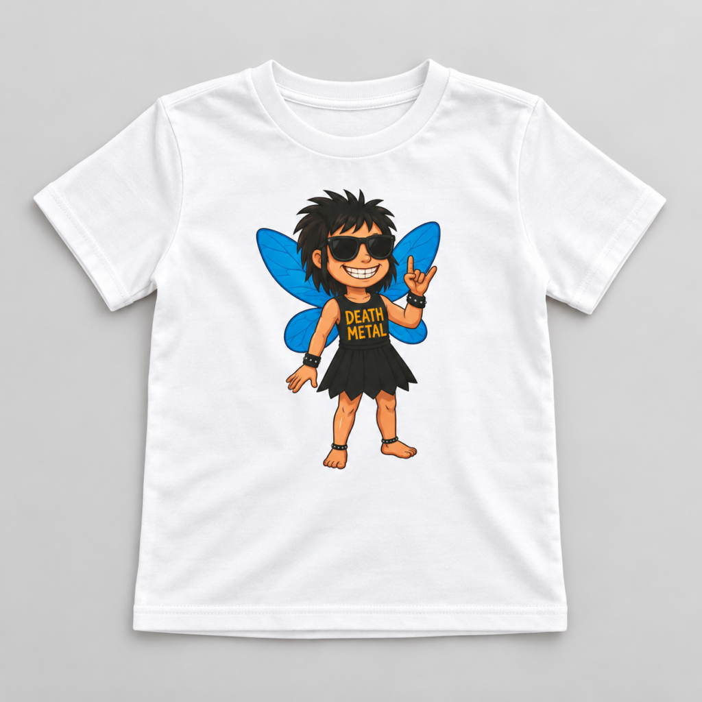 Death Metal Fee T-Shirt mit Rundhalsausschnitt für Kinder – Produktaufnahme mit sichtbarem Motiv