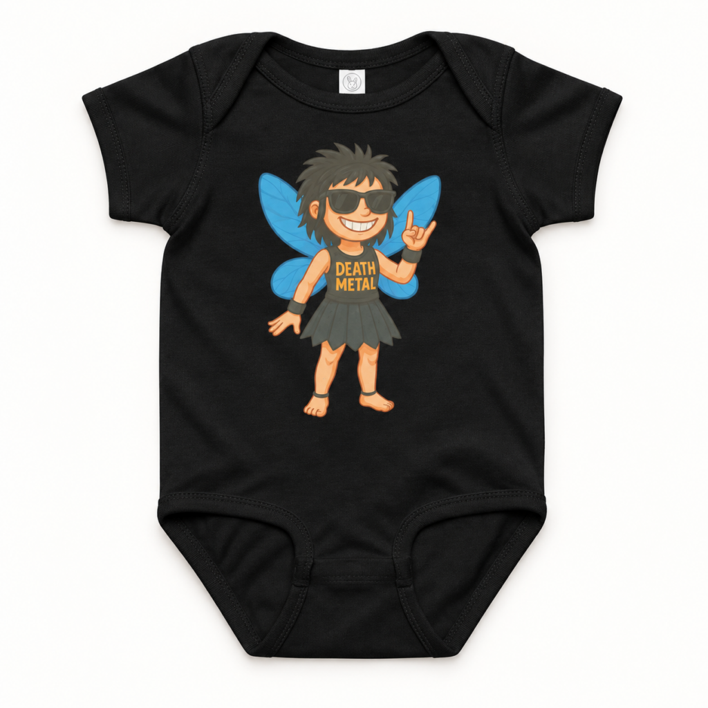 Death Metal Fee Baby-Jersey-Body – Produktaufnahme mit sichtbarem Motiv