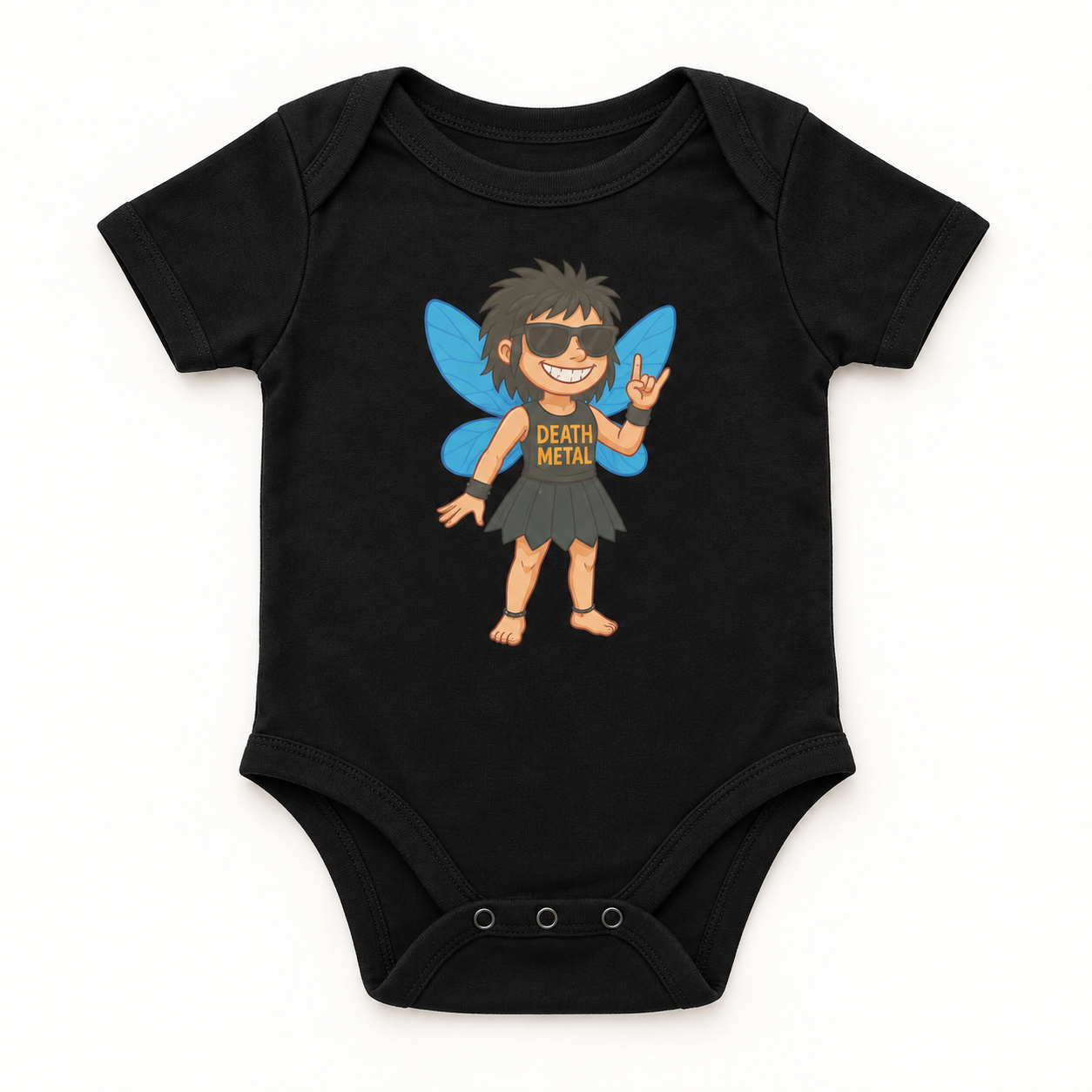 Death Metal Fee Babystrampler aus Bio-Baumwolle 1 Death Metal Fee Babystrampler aus Bio-Baumwolle – Produktaufnahme mit sichtbarem Motiv
