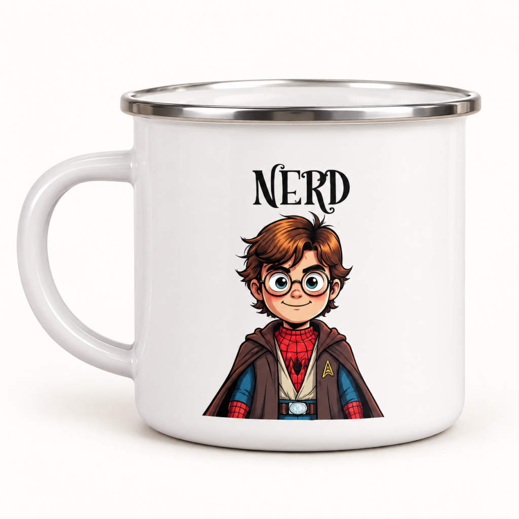 Nerd Emailletasse – Produktaufnahme mit sichtbarem Motiv