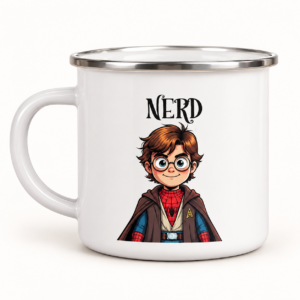 Nerd Emailletasse – Produktaufnahme mit sichtbarem Motiv