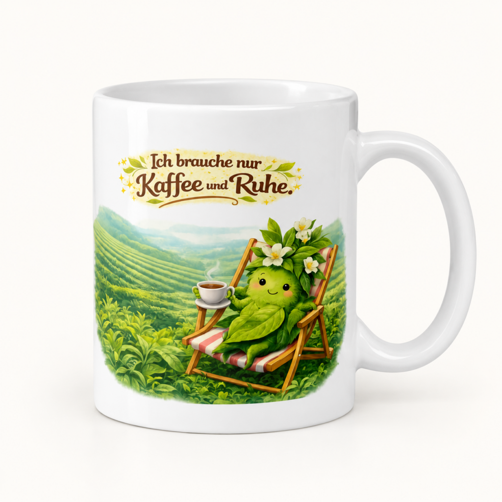 Tasse Kaffee trinkende Teepflanze