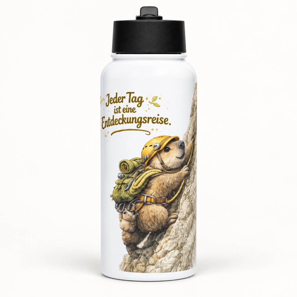 Edelstahl Trinkflasche mit Strohhalm Murmeltier auf Entdeckungsreise – Produktaufnahme mit sichtbarem Motiv