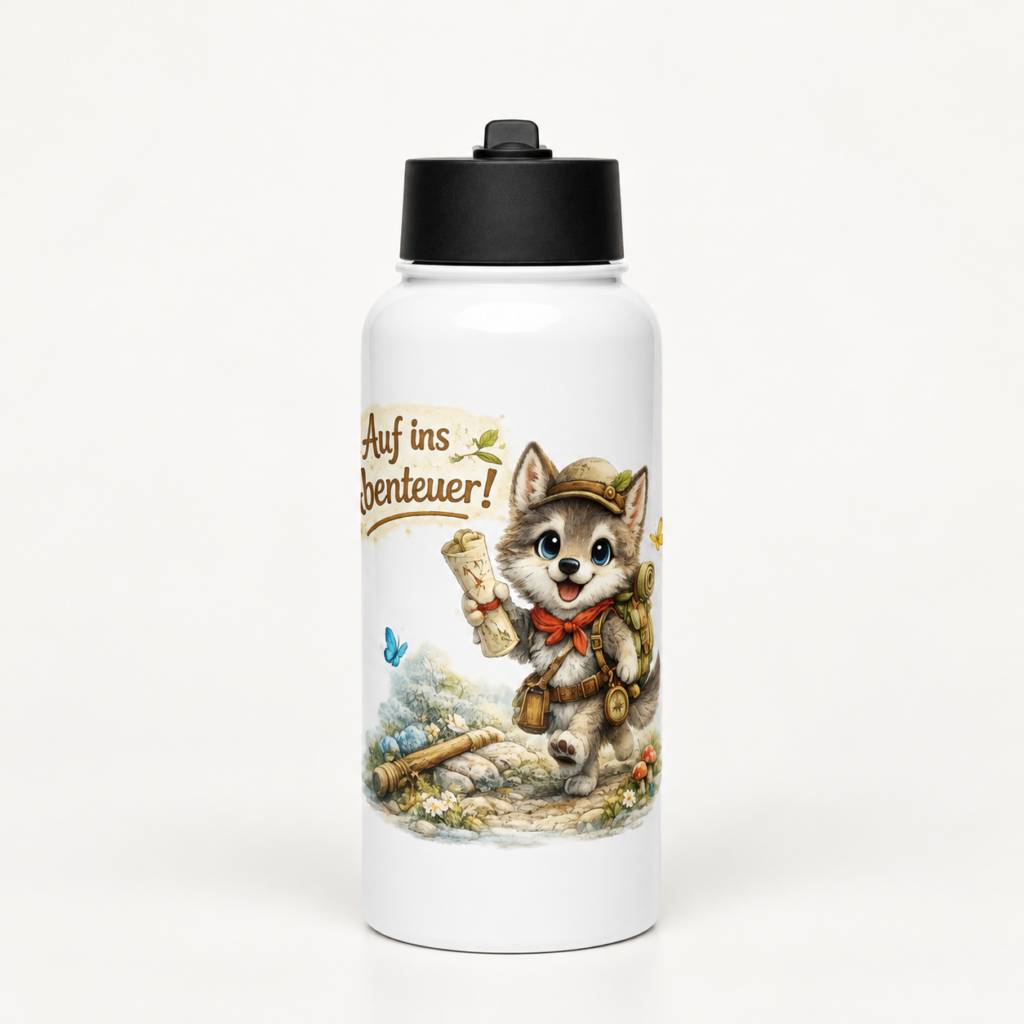 Edelstahl Trinkflasche mit Strohhalm abenteuerlustiger Wolf