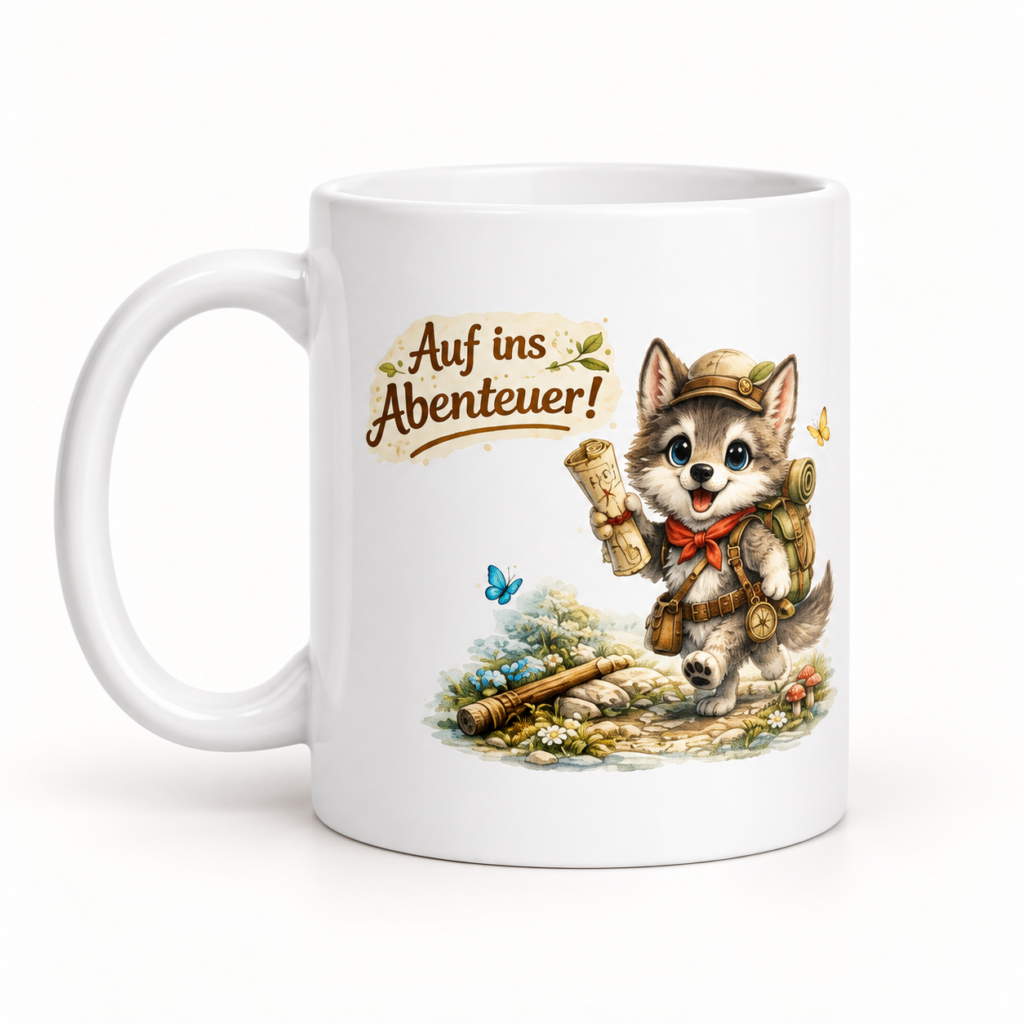Tasse für Kinder abenteuerlustiger Wolf – Produktaufnahme mit sichtbarem Motiv