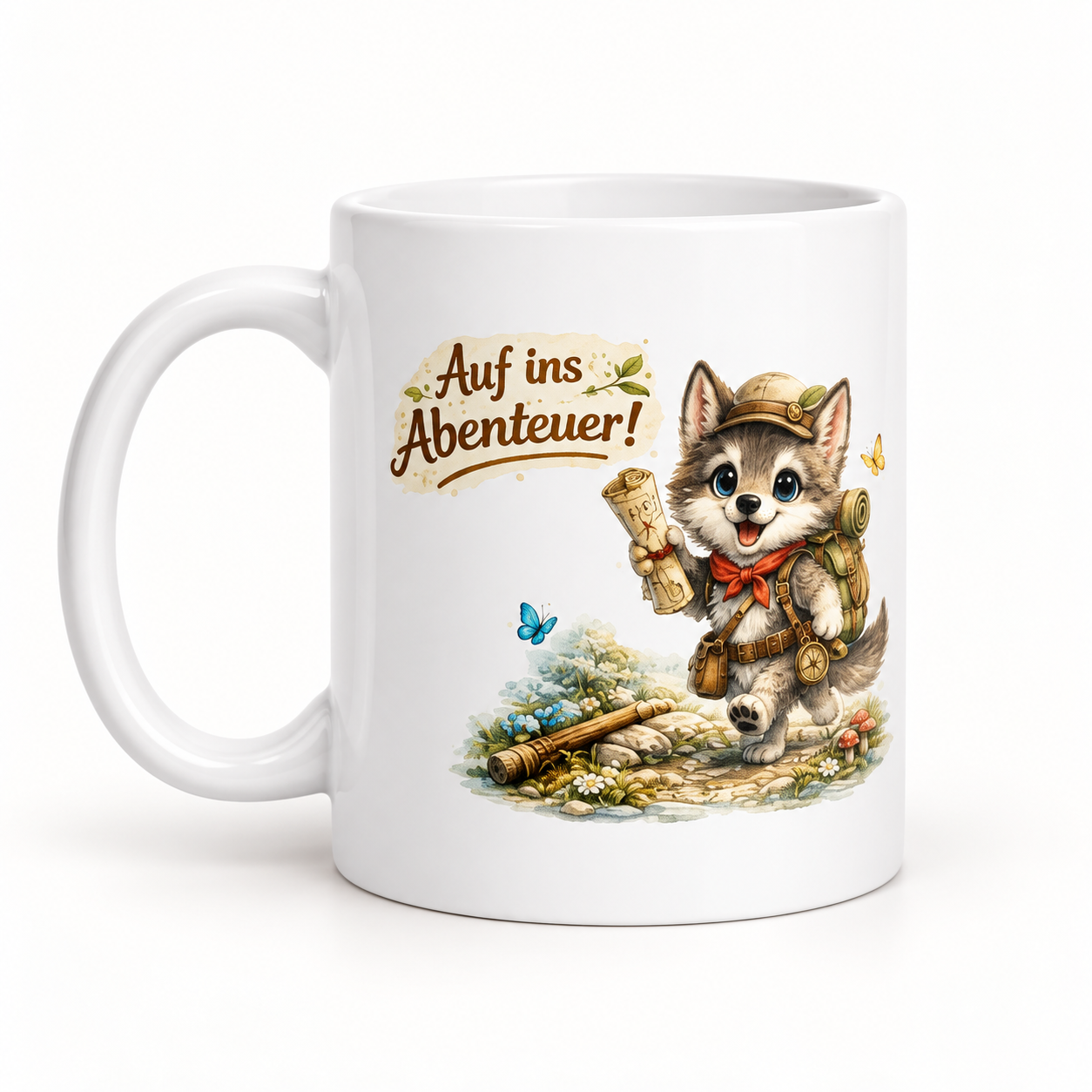 Tasse für Kinder abenteuerlustiger Wolf 1 Tasse für Kinder abenteuerlustiger Wolf – Produktaufnahme mit sichtbarem Motiv