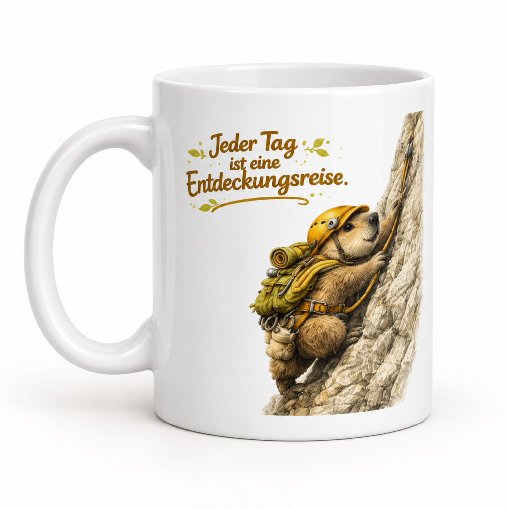 Tasse Murmeltier auf Entdeckungsreise – Produktaufnahme mit sichtbarem Motiv