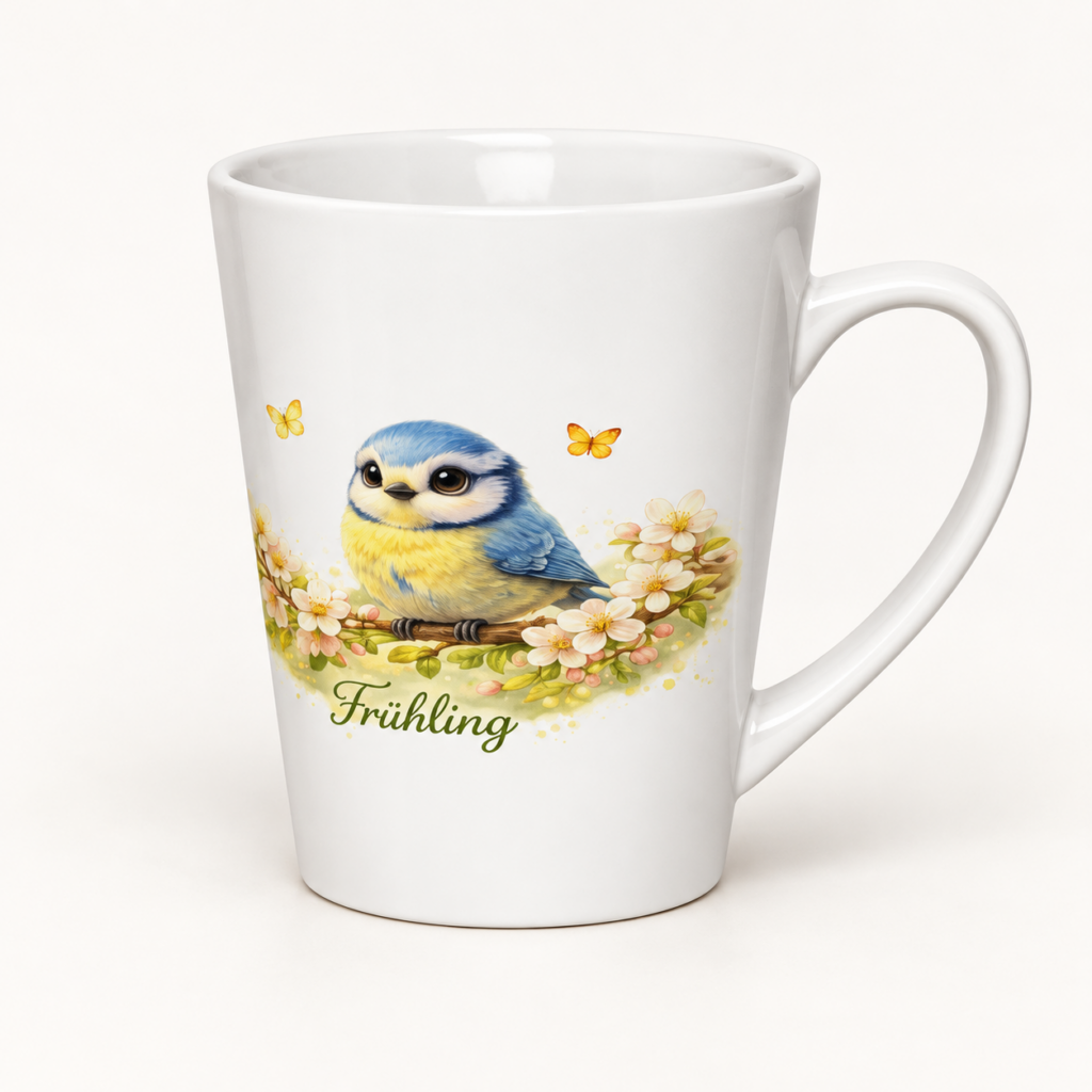 Milchkaffeetasse Blaumeise im Frühling