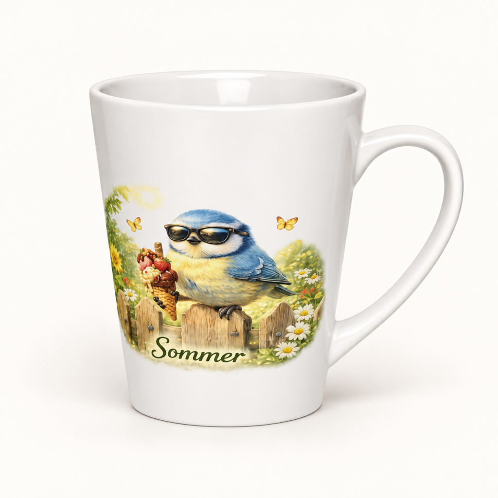 Milchkaffeetasse Blaumeise im Sommer