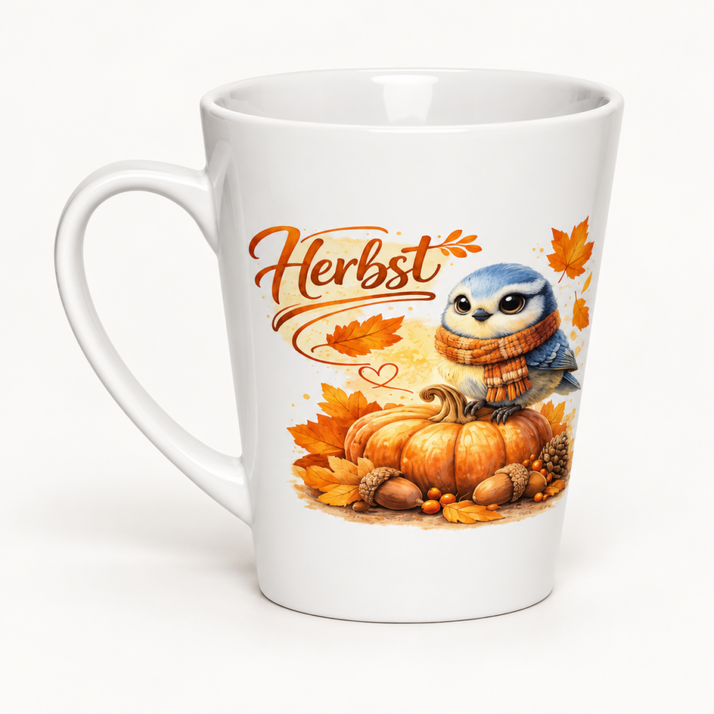 Milchkaffeetasse Blaumeise im Herbst