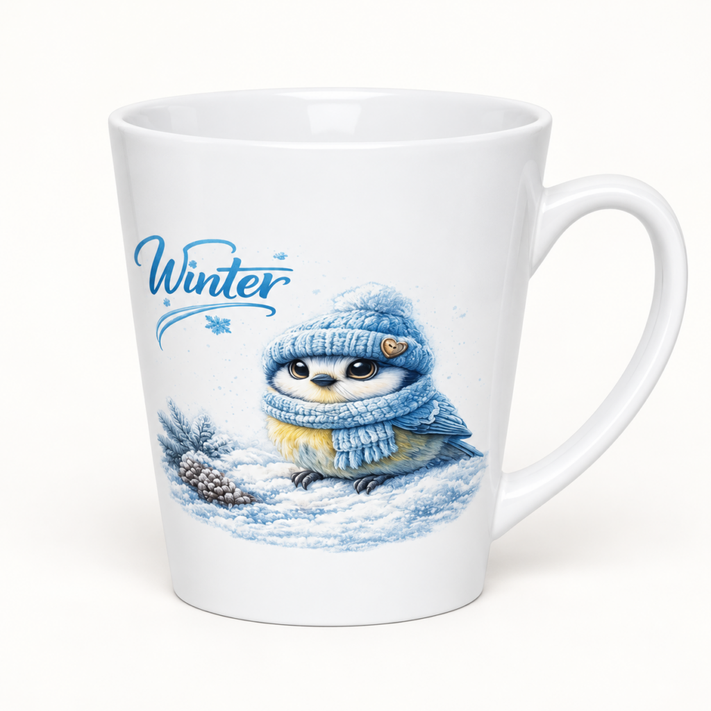 Milchkaffeetasse Blaumeise im Winter