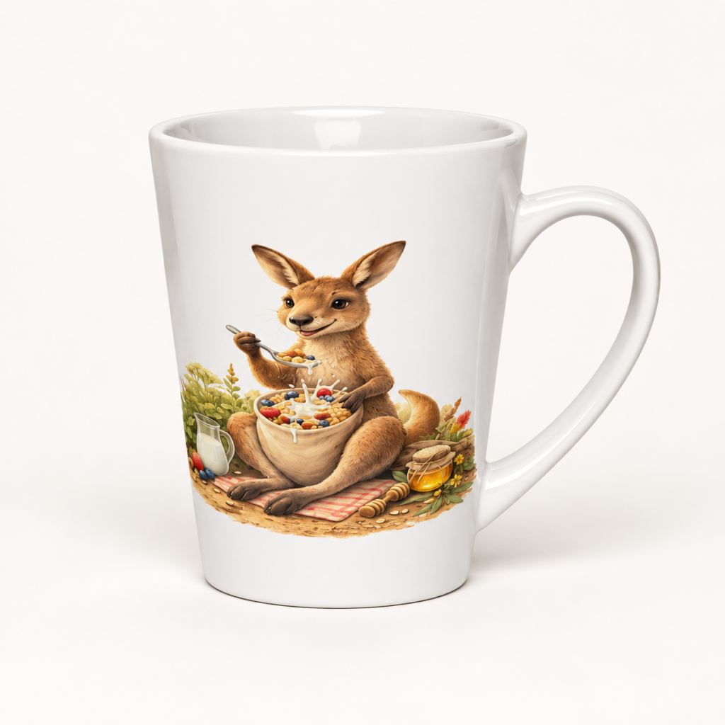Milchkaffeetasse Müsli essendes Känguru