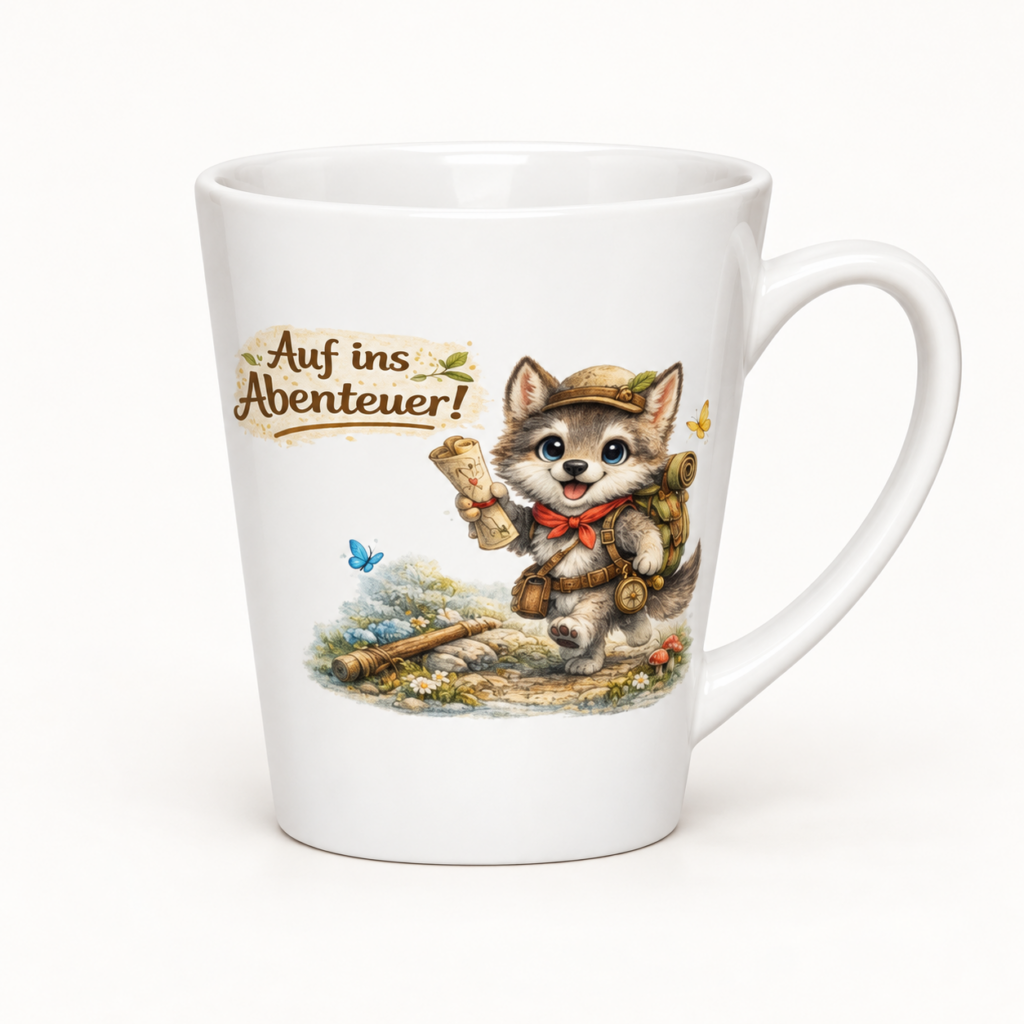 Milchkaffeetasse abenteuerlustiger Wolf – Produktansicht mit deutlich sichtbarem Motiv