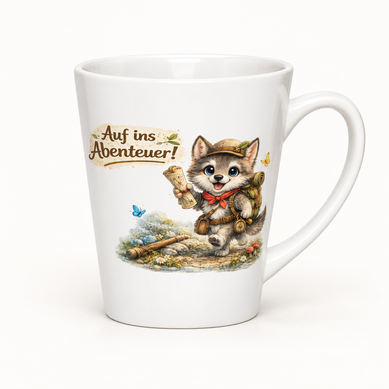 Milchkaffeetasse abenteuerlustiger Wolf 1 Milchkaffeetasse abenteuerlustiger Wolf – Produktansicht mit deutlich sichtbarem Motiv