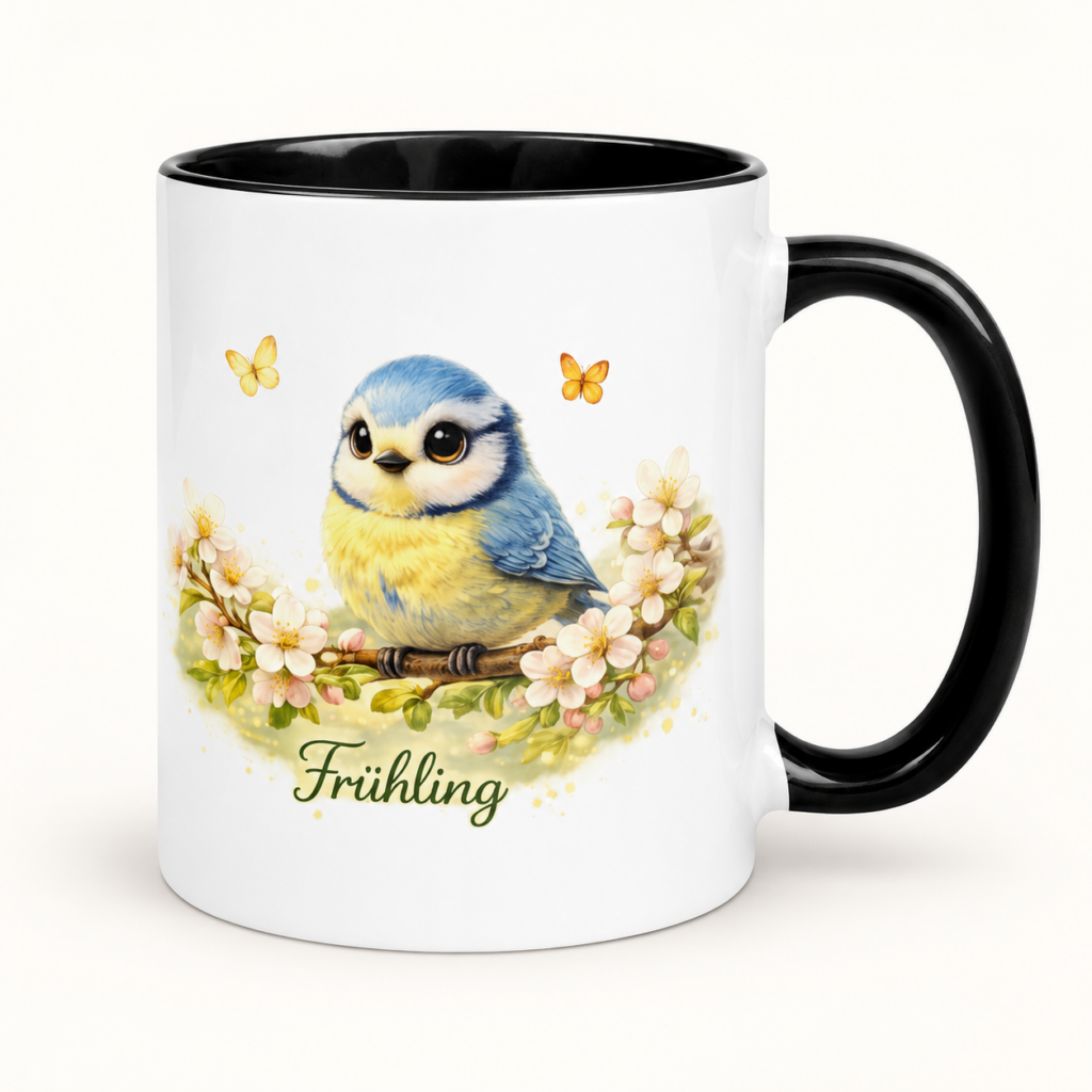 Tasse mit farbiger Innenseite Blaumeise im Frühling – klare Produktansicht auf hellem Hintergrund