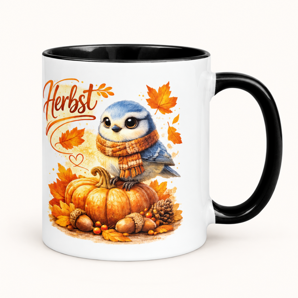 Tasse mit farbiger Innenseite – Blaumeise im Herbst – klare Produktansicht auf hellem Hintergrund