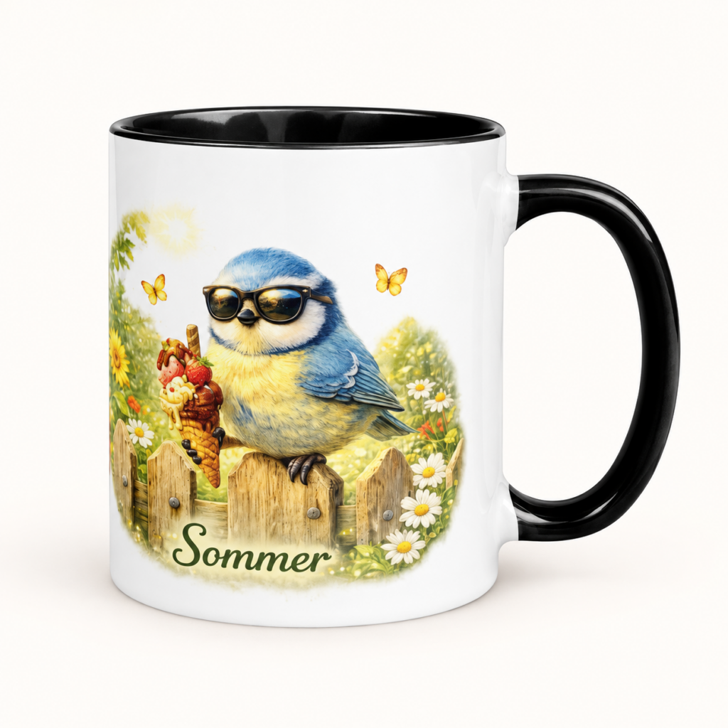 Tasse mit farbiger Innenseite – Blaumeise im Sommer – klare Produktansicht auf hellem Hintergrund