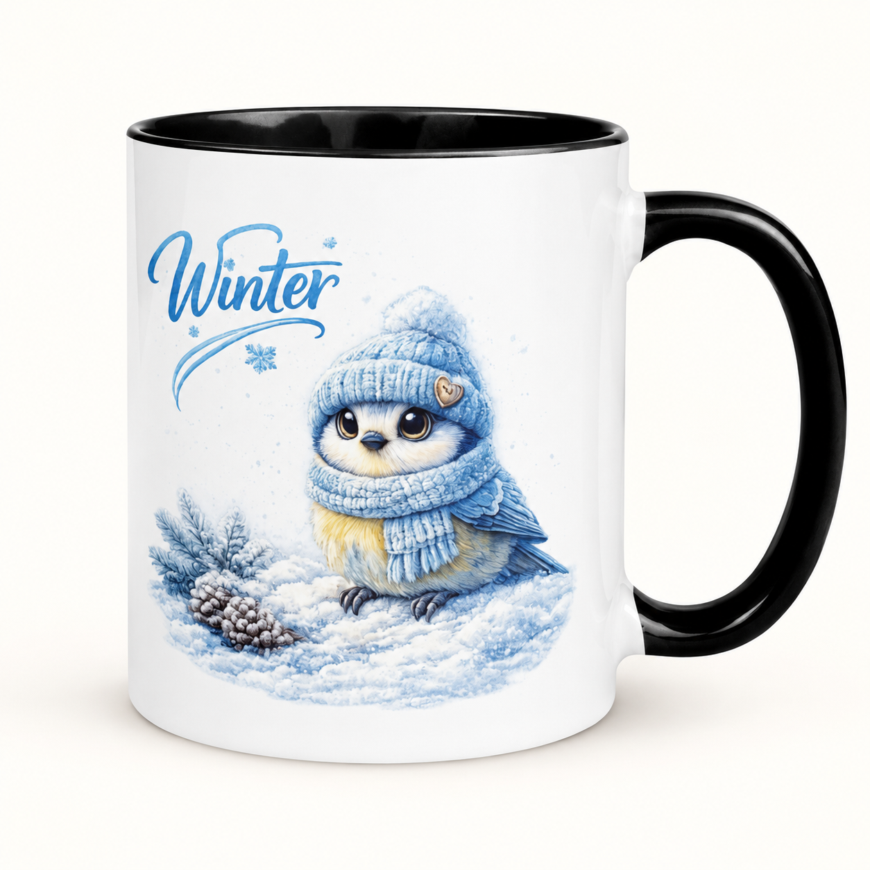 Tasse mit farbiger Innenseite Blaumeise im Winter 1 Tasse mit farbiger Innenseite Blaumeise im Winter – klare Produktansicht auf hellem Hintergrund
