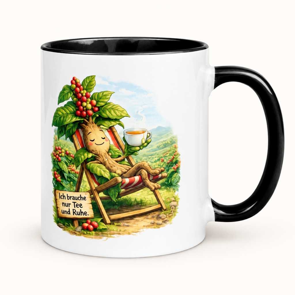 Tasse mit farbiger Innenseite Tee trinkende Kaffeepflanze – klare Produktansicht auf hellem Hintergrund