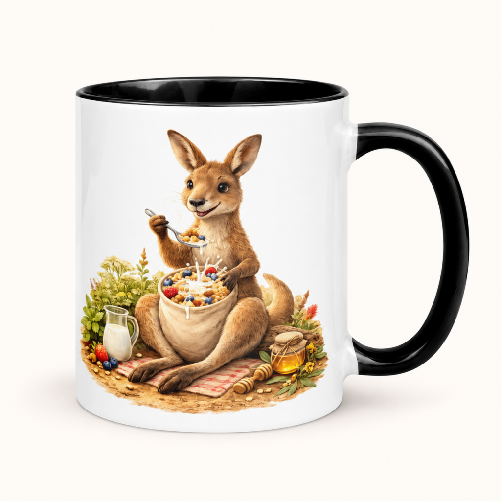 Tasse mit farbiger Innenseite Müsli essendes Känguru – klare Produktansicht auf hellem Hintergrund