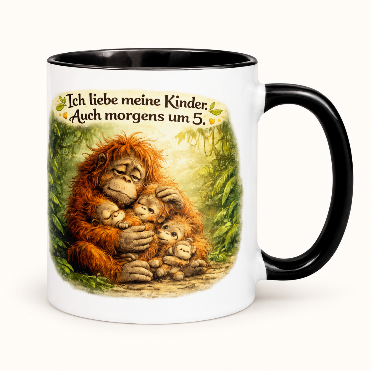 Tasse mit farbiger Innenseite Elternliebe Orang-Utan 1 Tasse mit farbiger Innenseite Elternliebe Orang-Utan – klare Produktansicht auf hellem Hintergrund