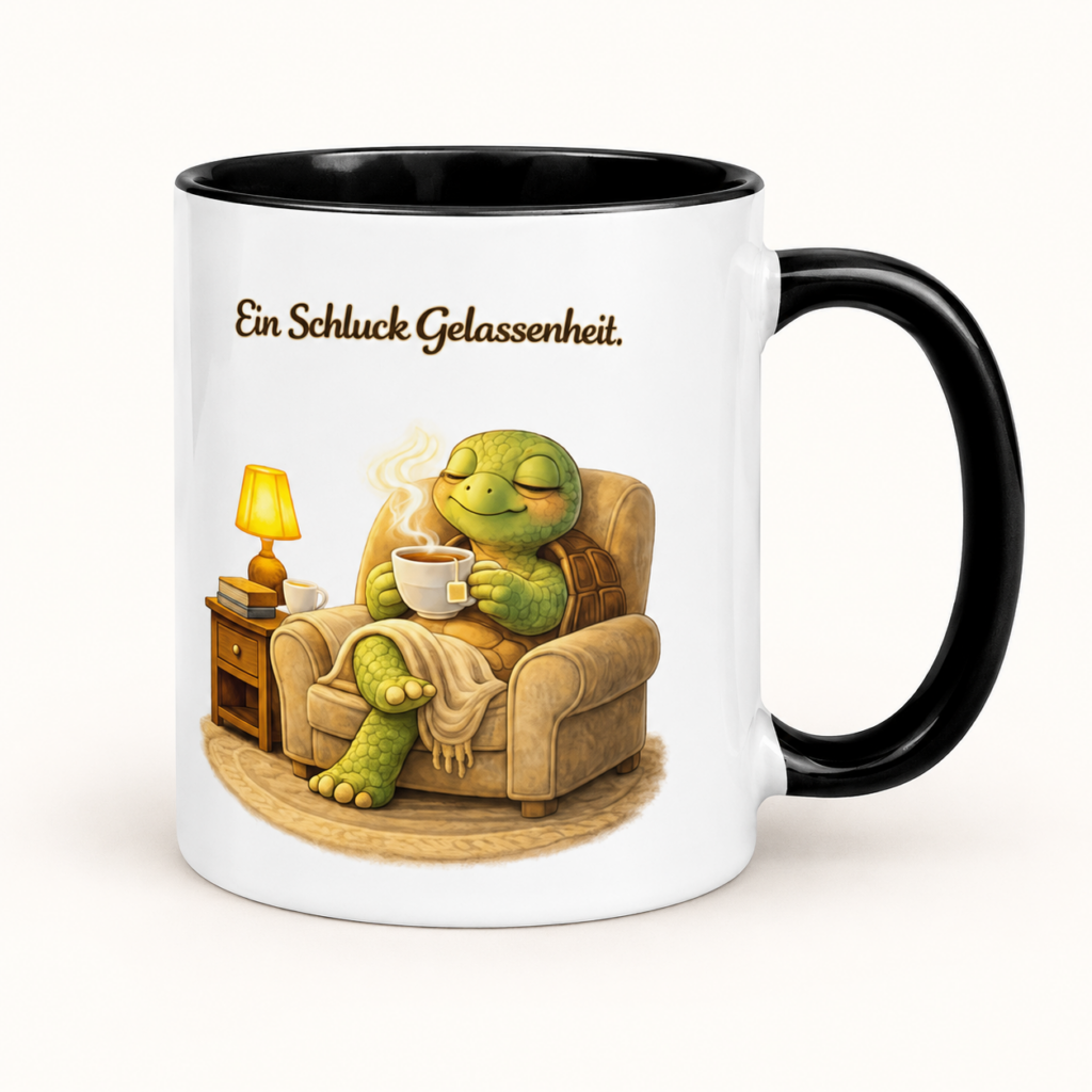 Tasse mit farbiger Innenseite – Schildkröte im Sessel – klare Produktansicht auf hellem Hintergrund