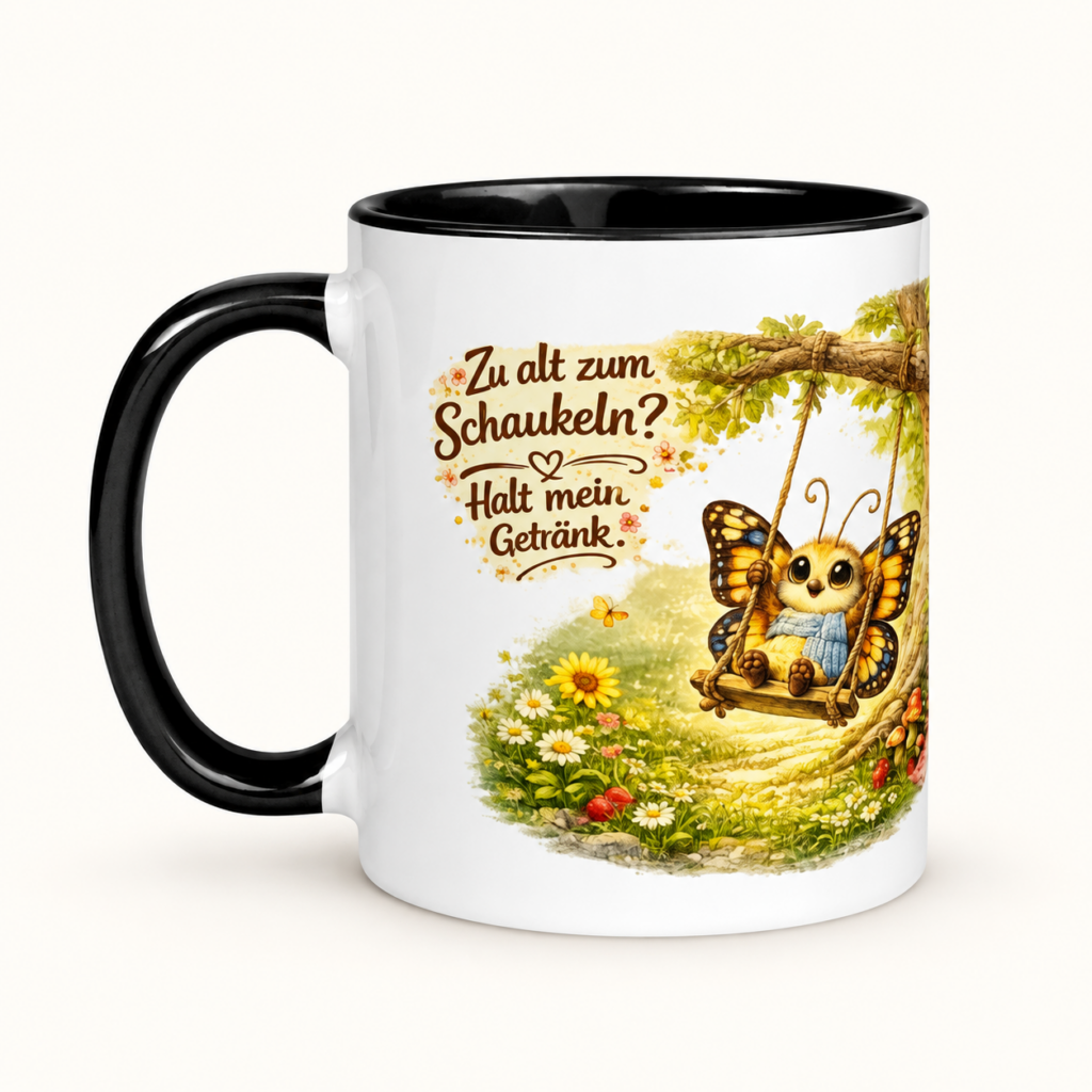 Tasse mit farbiger Innenseite schaukelnder Schmetterling im Sommer – Motivansicht, 11 oz