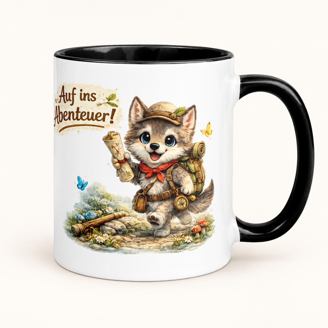 Tasse mit farbiger Innenseite für Kinder abenteuerlustiger Wolf 1 Tasse mit farbiger Innenseite für Kinder abenteuerlustiger Wolf – Motivansicht, 11 oz
