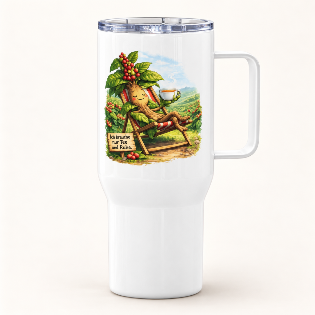 Reisebecher mit Griff Tee trinkende Kaffeepflanze – freigestellte Produktansicht, 25 oz
