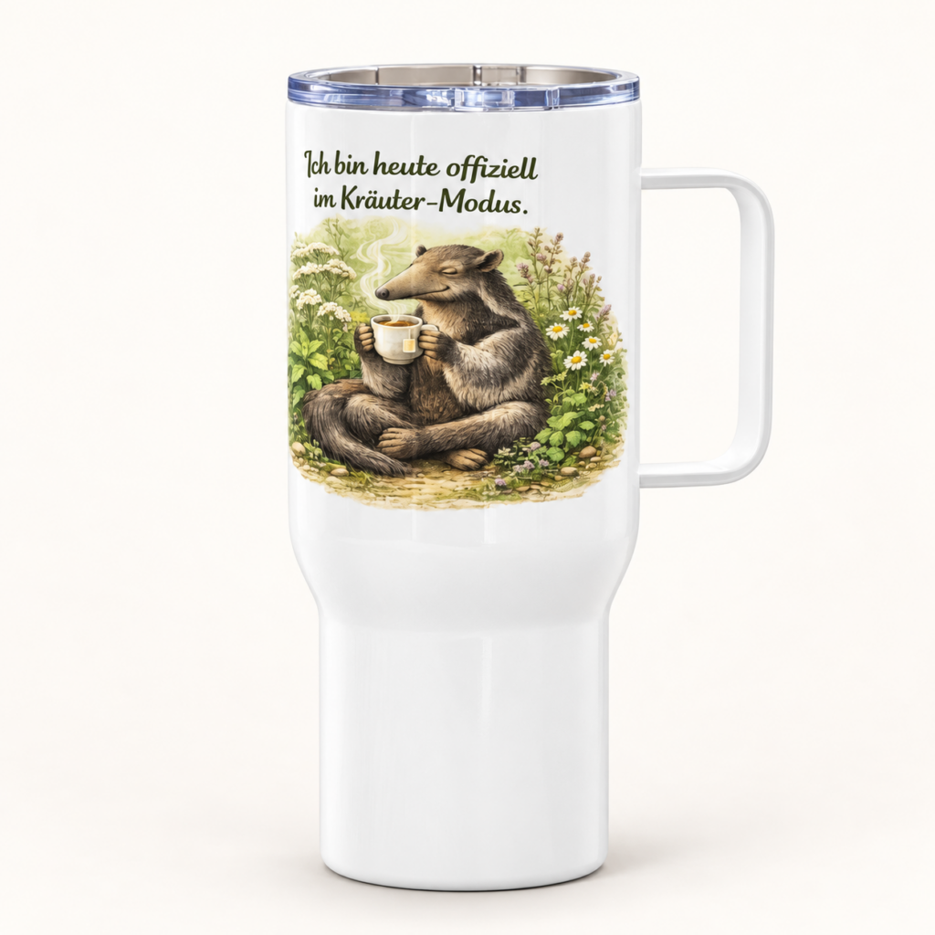 Reisebecher mit Griff Tee trinkender Ameisenbär – freigestellte Produktansicht, 25 oz