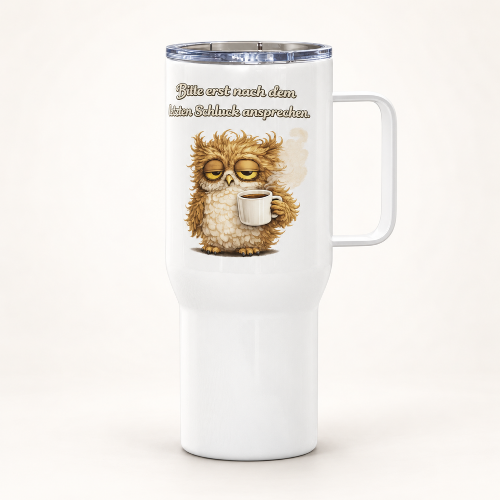 Reisebecher mit Griff müde Eule – freigestellte Produktansicht, 25 oz
