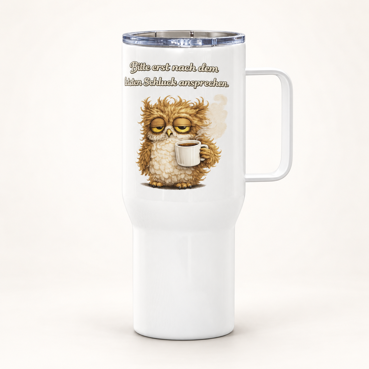 Reisebecher mit Griff müde Eule 1 Reisebecher mit Griff müde Eule – freigestellte Produktansicht, 25 oz
