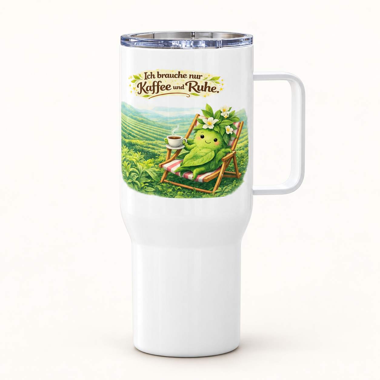 Reisebecher mit Griff Kaffee trinkende Teepflanze 1 Reisebecher mit Griff Kaffee trinkende Teepflanze – freigestellte Produktansicht, 25 oz