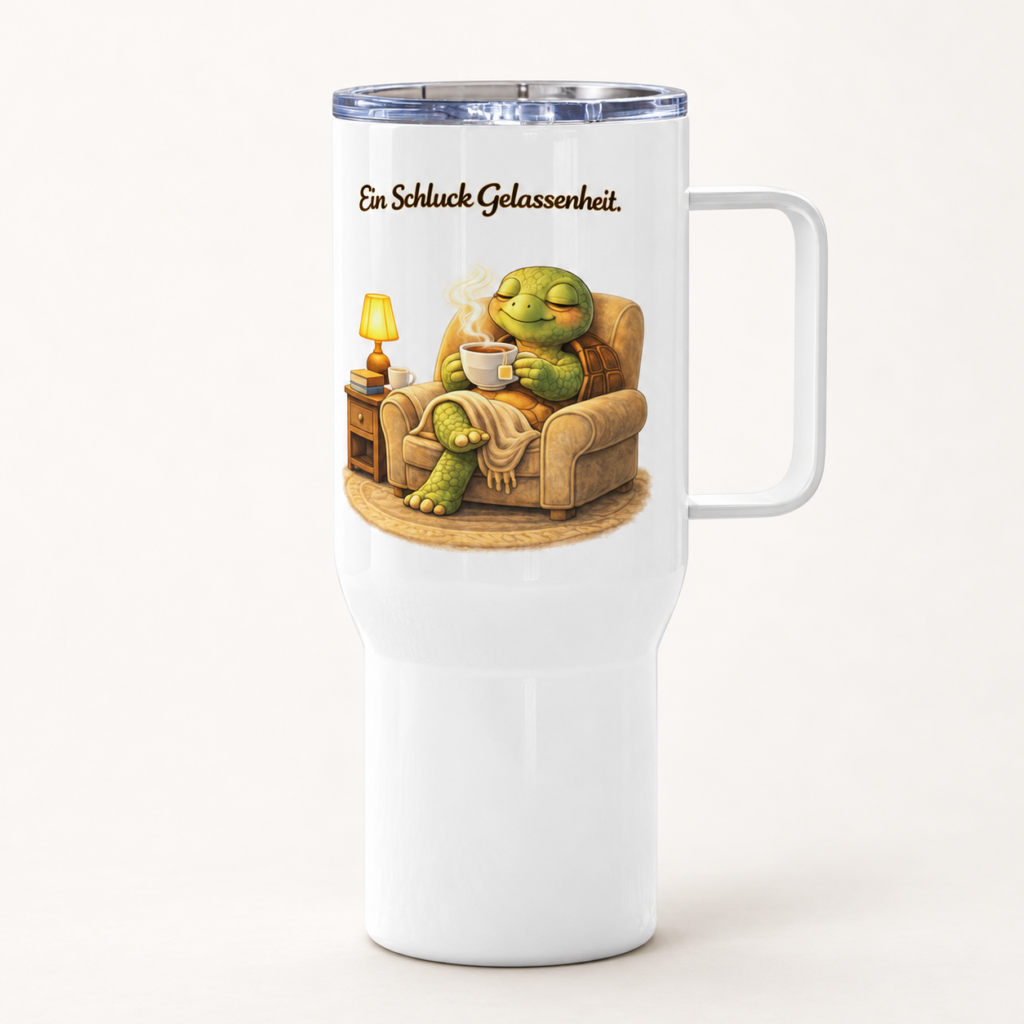 Reisebecher mit Griff Schildkröte mit Gelassenheit – freigestellte Produktansicht, 25 oz