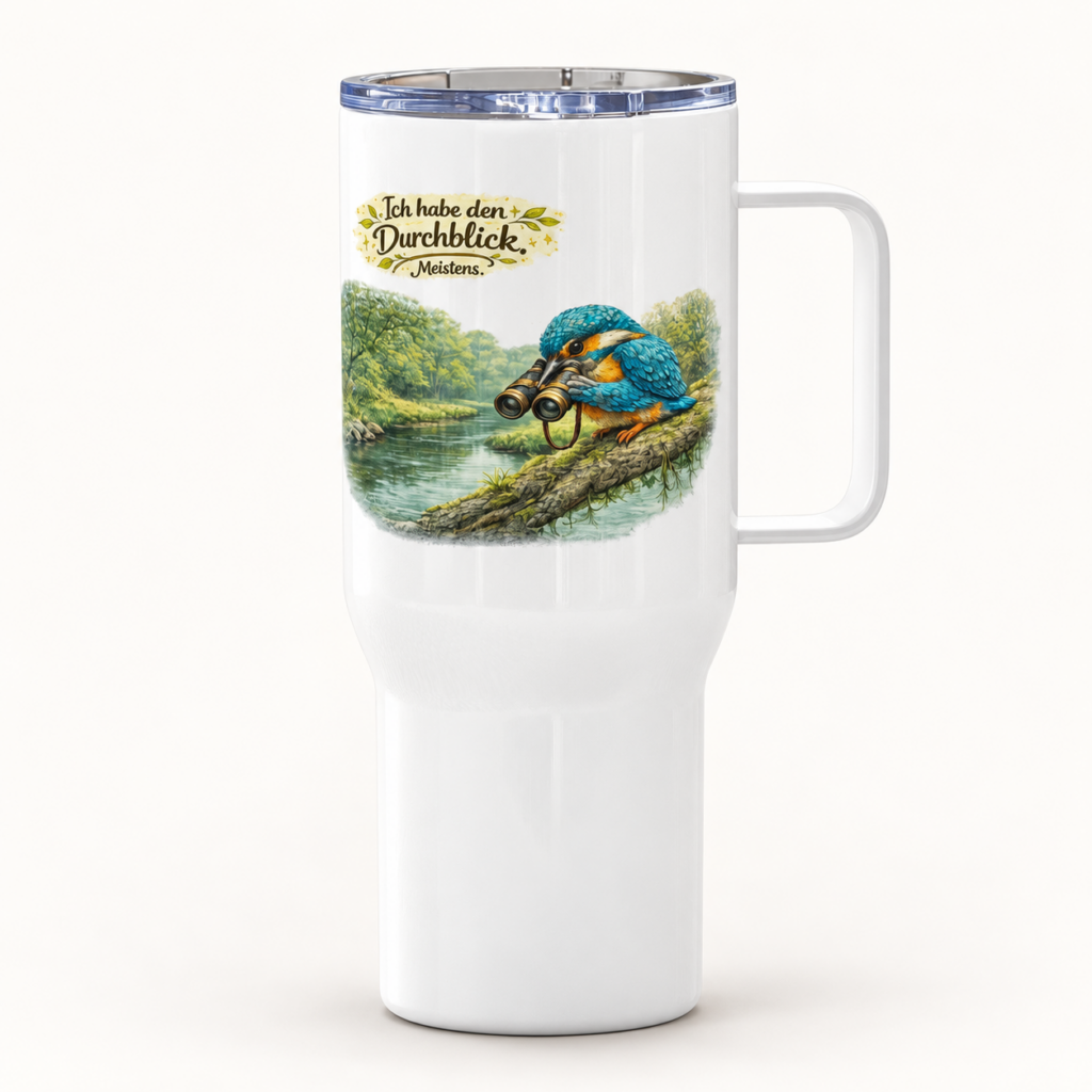 Reisebecher mit Griff Eisvogel mit Durchblick – freigestellte Produktansicht, 25 oz