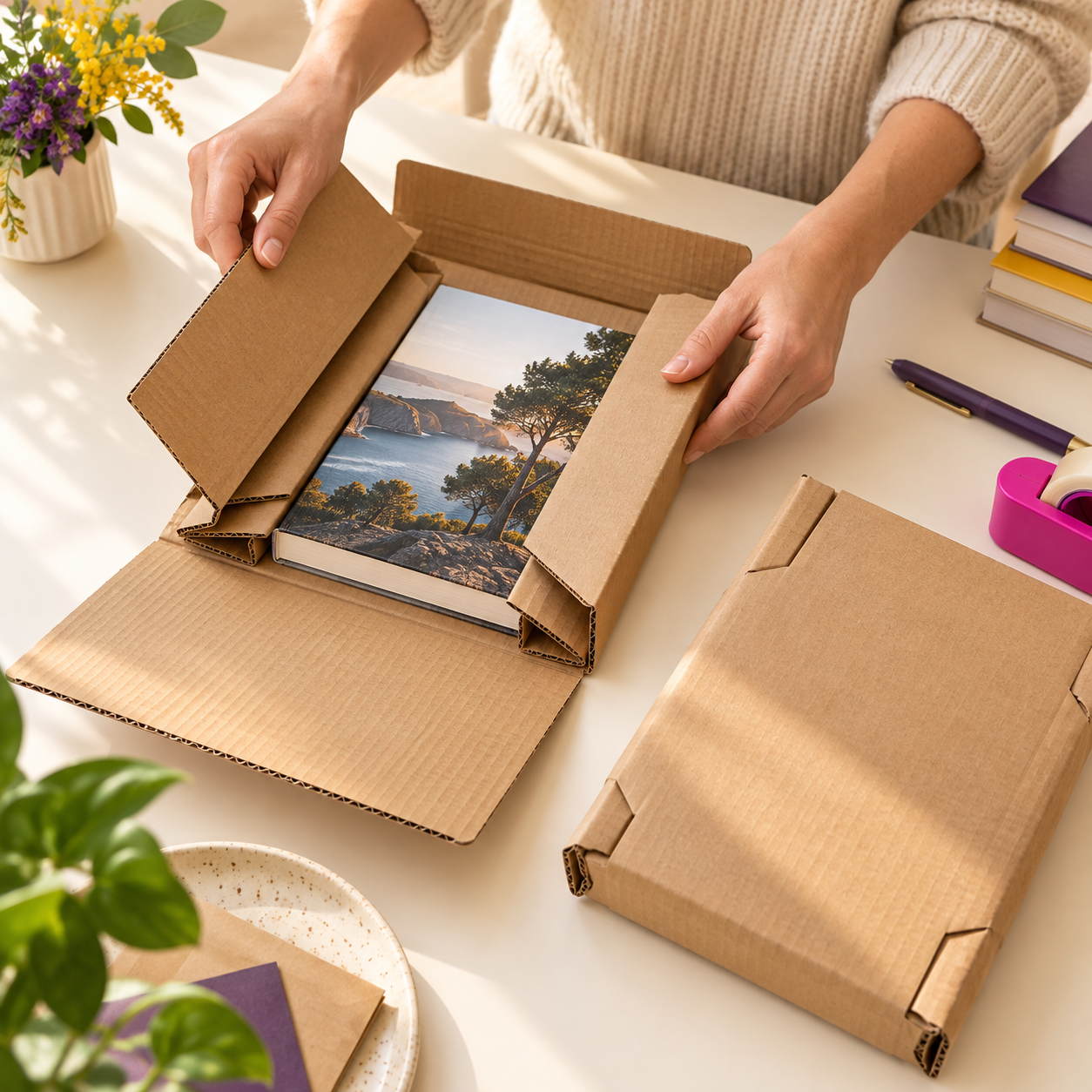 Buchverpackungen 2 Bücher passend für den Versand einpacken – KI-generiertes Anwendungsbeispiel