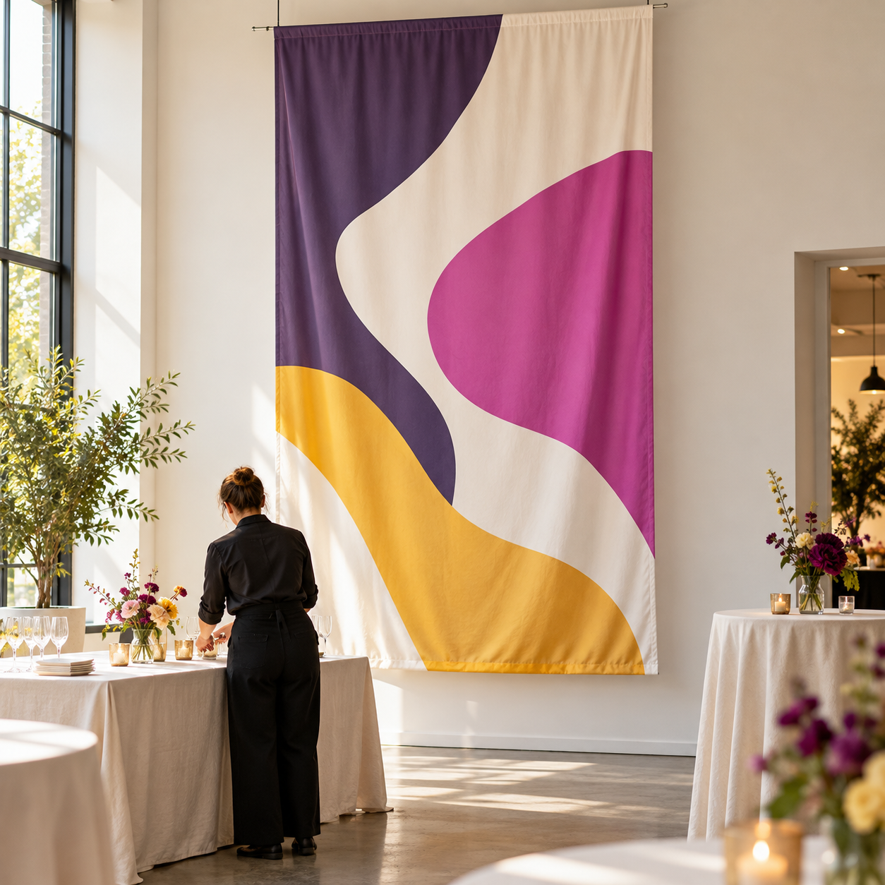 Stoffbanner 2 Textile Motive im Veranstaltungsraum einsetzen – KI-generiertes Anwendungsbeispiel
