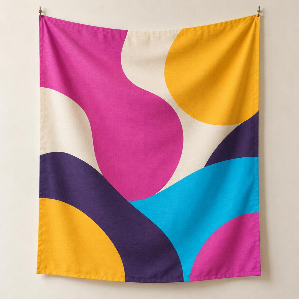 KI-generierte Gestaltungsidee für ein Stoffbanner mit geometrischen Formen in Magenta, Gelb, Cyan und Violett
